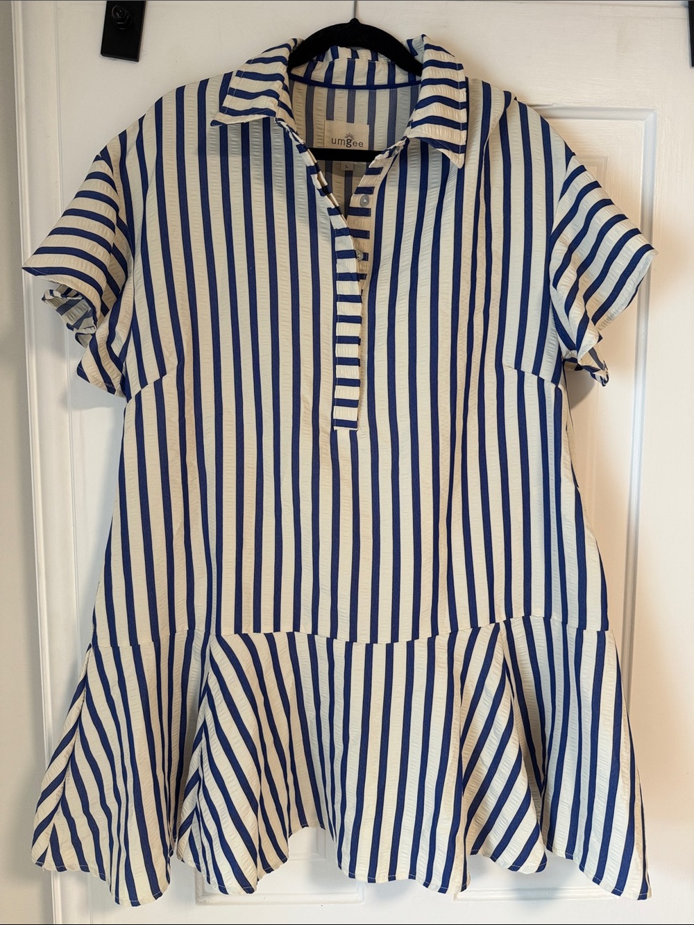 Umgee White and Blue Striped Polo Dress